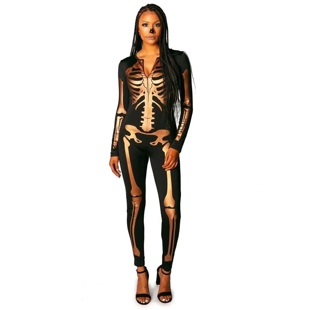 TIPSY ELVES GOLD SKELETON BODYSUIT HALLOWEEN COSTUME Women's Size Large NEW!!